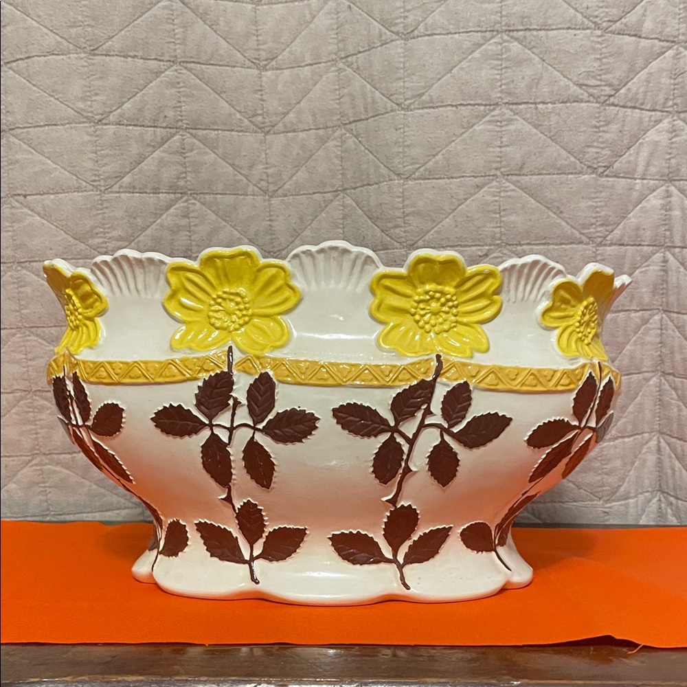 Decorative Floral Ceramic Bowl - Yellow and Brown